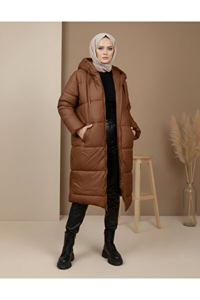 Kirazgym Women's Hooded Lace-Up Puffer Coat - Tan