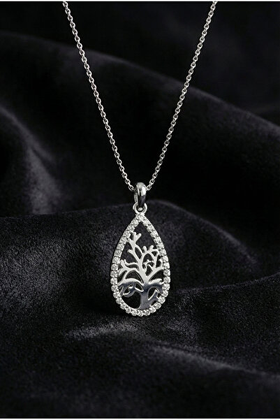 Roza Silver 925 Ayar Gümüş Rodyum Kaplama Zirkon Taşlı Damla Hayat Ağacı Kolye