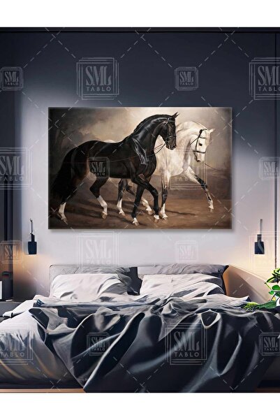SML TABLO Siyah ve Beyaz Asil At Yürüyen At Horse Hayvan Dekor Yatay Kanvas T...