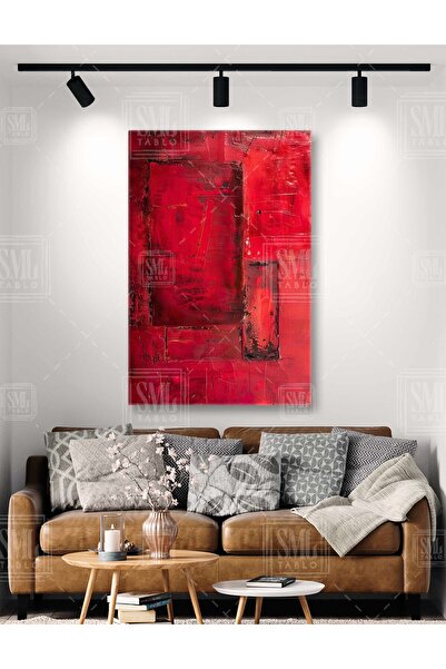 SML TABLO Kırmızı Geometrik Fırça İzi Red Bordo Modern Dekor Dikey Kanvas Tablo