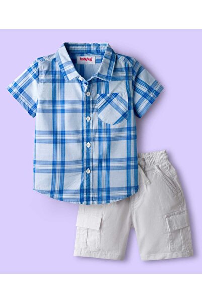 Babyhug طقم قميص وشورت من القطن المنسوج بنصف كم بنقشة مربعات - أزرق وأبيض