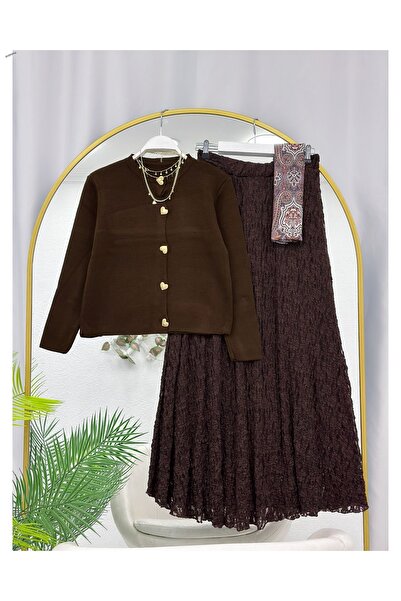 YEDİLALE Lace-Up Skirt with Elastic Waist Tricot Cardigan Dual Set [Excluding...