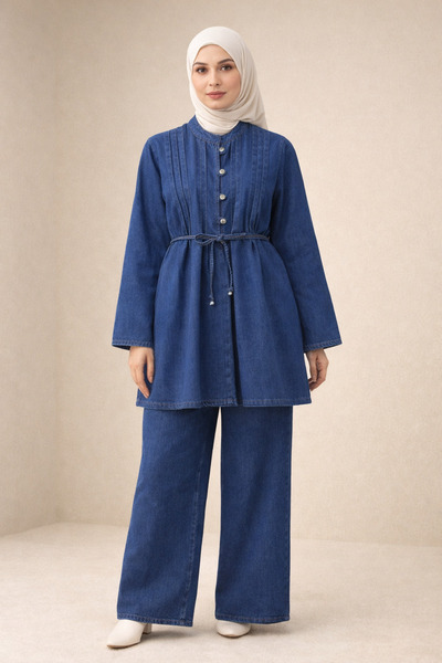 Kirazgym Kadın Ön Pliseli Düğmeli Beli Bağlamalı Pantolonlu Tesettür Kot Takı...