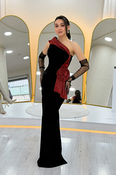 zks grup tekstil Women's Black One-Shoulder Striped Rose Detailed Fish Tail E...