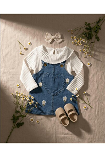 Luna Çiçek Nakışlı Kot Kız Bebek 2 Li Elbise Takım