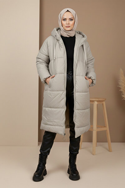 Kirazgym Women's Hooded Lace-Up Puffer Coat - Stone