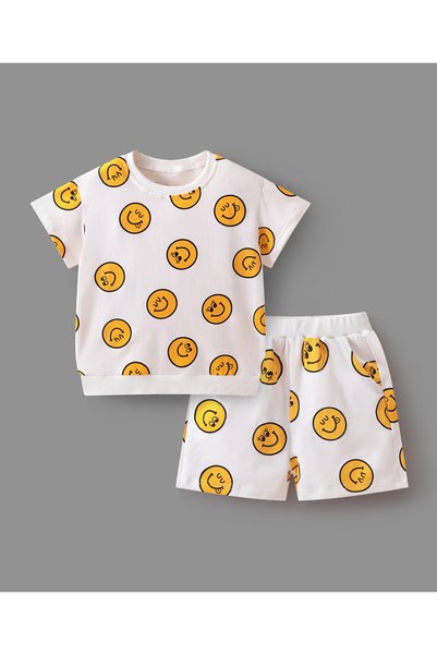 SAPS All Over Smiley Printed Short Sleeves T-Shirt & Shorts Set - White