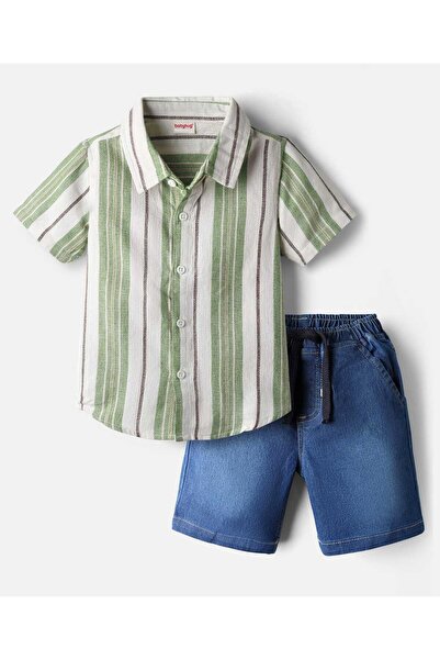 Babyhug طقم قميص مخطط بنصف كم وشورت جينز - أخضر وأزرق
