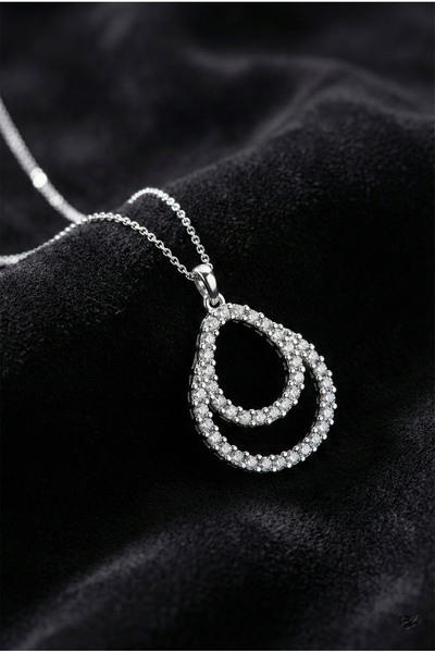 Roza Silver 925 Ayar Gümüş Rodyum Kaplama Zirkon Taşlı Çift Katmanlı Damla Kolye