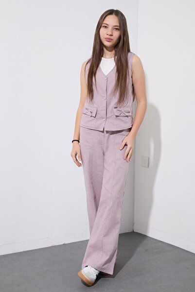 Cansın Mini Pink Pocket Linen Vest Set High Waist Pants Girls' Bottom and Top...