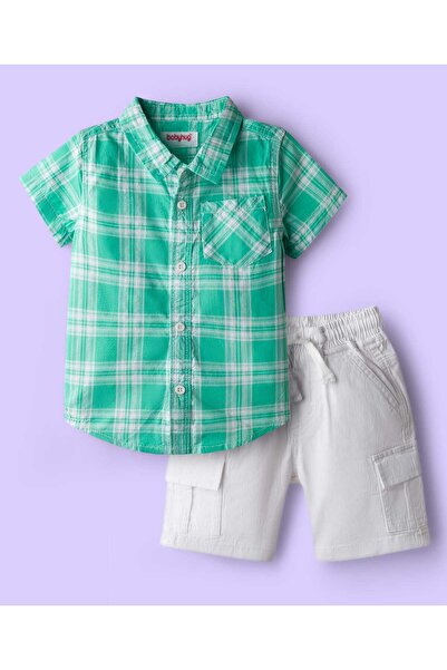 Babyhug طقم قميص وشورت من القطن المنسوج بنصف كم بنقشة مربعات - أخضر وأبيض