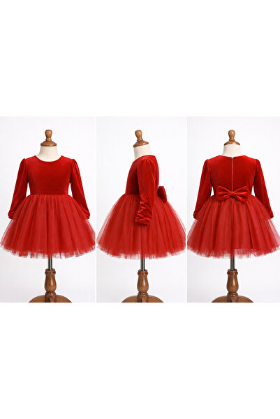 İkrabutikbursa Дългоръкава рокля от червен кадиф за момичета