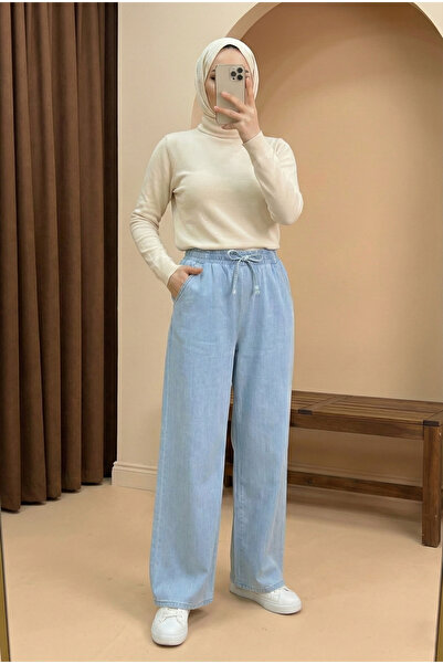 MODAQU Elastic Waist Wide Leg Jeans - Baby Blue