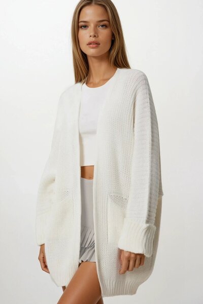 Trend Alaçatı Stili Women's Ecru Double Pocket Oversized Knitwear Cardigan Vs...