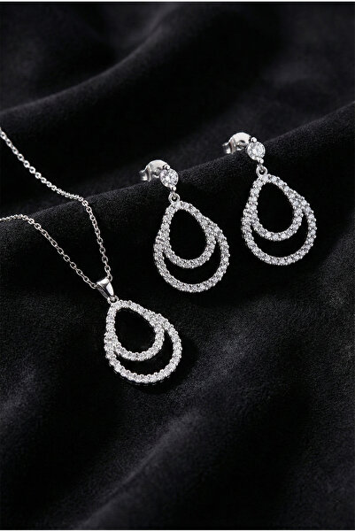 Roza Silver 925 Ayar Gümüş Rodyum Kaplama Zirkon Taşlı Çift Katmanlı Damla Ko...