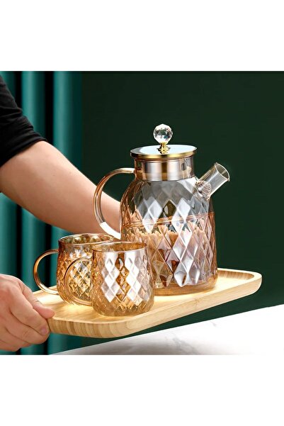 Qerhome Borosilikat Cam Amber Otantik Desenli Cam Demlik & Sürahi 1000 Ml Alk