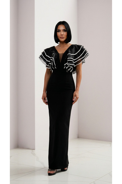 ALFUDO Moda Collection Rochie de seară cu mâneci din tul, cu volane, pentru a...