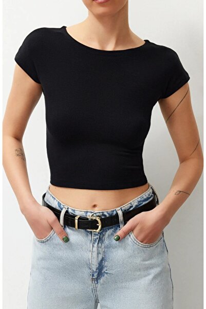 moda paketi Short Sleeve Crop Black Women's T-Shirt - Ribbed Soft Textured