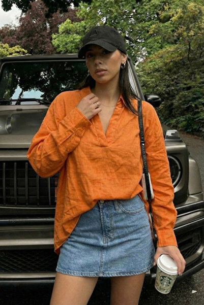 oshebu Women's V-Neck Oversized Poplin Shirt