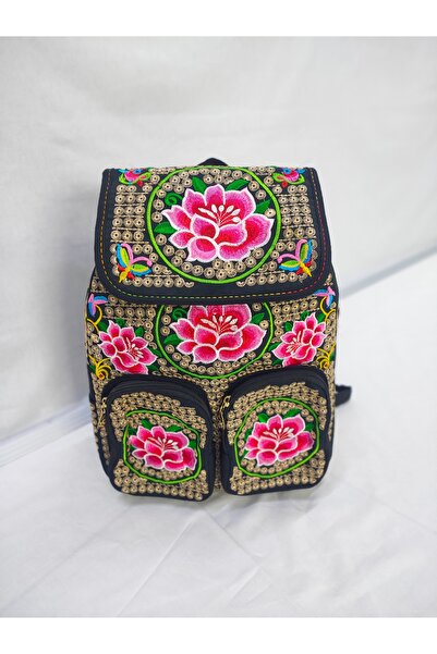 Etnik desen pembe gül nakışlı otantik sırt çantası