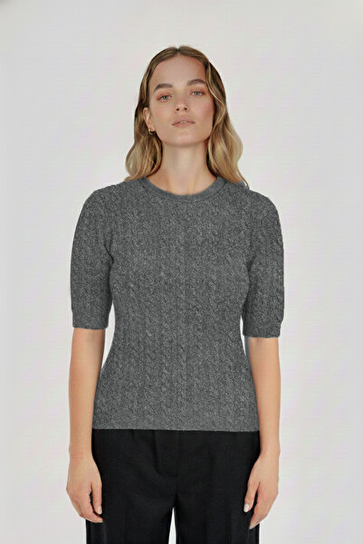 Triko Mısırlı Koyu Gri Örgü Desenli Kadın Kazak