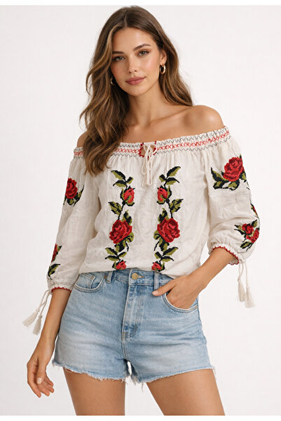 Nobrand Traditional white dress with red floral embroidery, 3/4 sleeves, Roma...