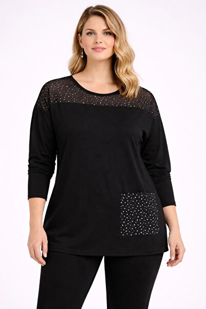 Şans Жіноча блузка великого розміру, чорна, з тюлем і крапками, з низькими ру...
