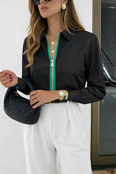 oshebu Women's Front Zippered Oversized Poplin Shirt