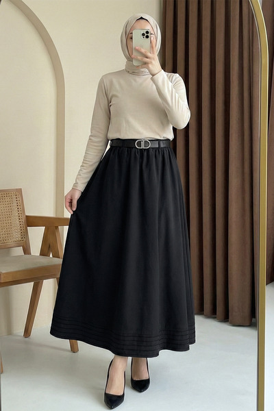 MODAQU Rubber Waist Lined Gabardine Skirt - Black