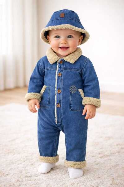 CROCODAYS Unisex Kids Baby Welsoft Jeans Overalls with Hat (3/6/9/12/18/24) M...