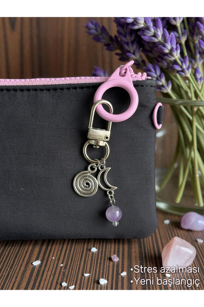WhimsyWhite Amethyst Natural Stone Crescent Spiral Keychain - Crescent & Spir...