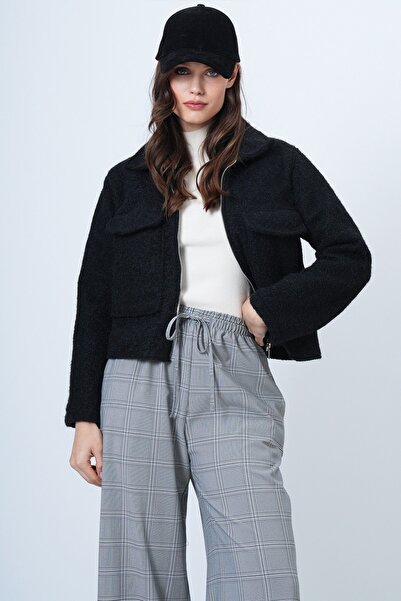 Trend Alaçatı Stili Women's Black Double Pocket Zipper Closure Boucle Jacket ...