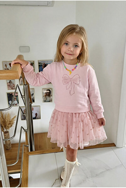 Magu Girl's Cotton Powder Bowknot Sweatshirt Dress – Tulle Skirt Detail
