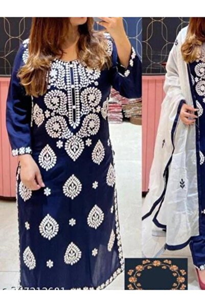 MYSMAR Blue Rayon Kurti Pent & Dupatta Set - PMM14060 | Blue