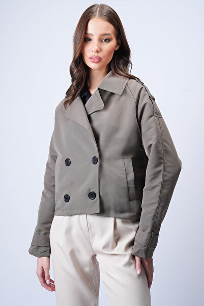 Trend Alaçatı Stili Women's Vi̇zon K Double-Breasted Short Trench Jacket with...