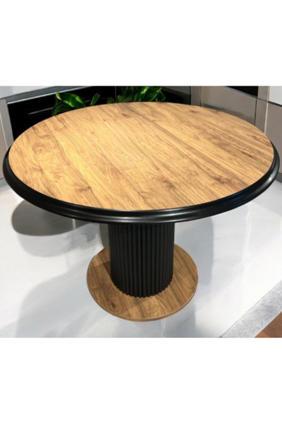 Kayı mobilya Mdf Ceviz Yuvarlak Yemek, Salon Masası Masa Kenarları Siyah Ayak...