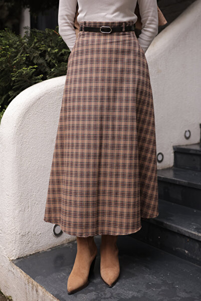 İmajButik Mink Color Belted Plaid Flared Skirt with Side Pockets