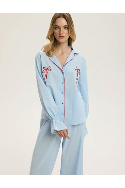 ESOTIQ Women's Pajamas Set Button Down Shirt & Wide Pants Red Piping Ribbons ...