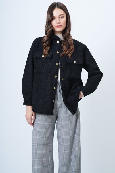 Trend Alaçatı Stili Women's Black Boucle Textured O Oversized Shirt Jacket Vs...