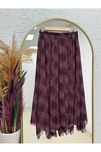 MİHRA STORE Tuba Patterned Crinkle Chiffon Skirt-Sa4073 Plum