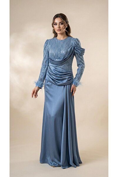 MİSS DİAMOND Full Length Blue Hijab Evening Dress with Crystal Stones and Fea...