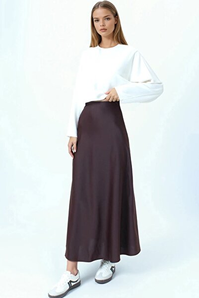 Trend Alaçatı Stili Women's Bitter Brown High Waist Basic Satin Skirt Vs01031