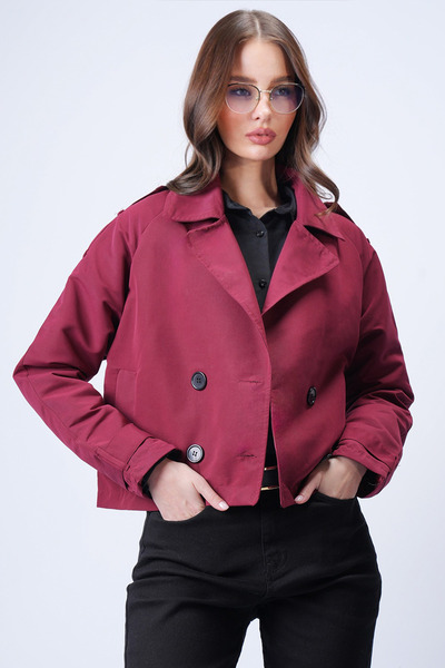 Trend Alaçatı Stili Women's Bordo Double-Breasted Collar Lined Short Trench C...