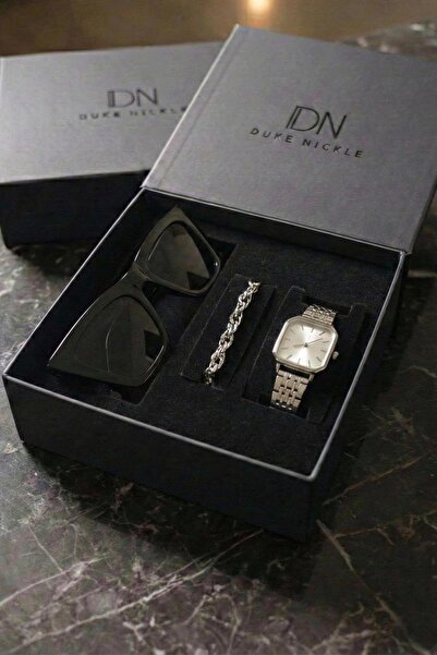 Duke Nickle Taşlı Bileklikli Gümüş Metal Kordon Kadın Kol Saati Siyah Gözlükl...