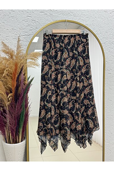 MİHRA STORE Tuba Patterned Crinkle Chiffon Skirt-Sa4073 Navy Blue