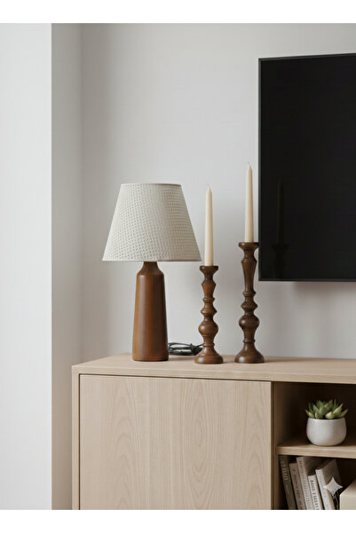 Woodya El yapımı ahşap abajur ve şamdan set