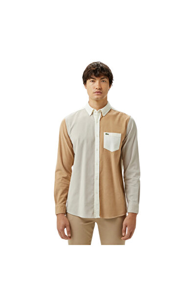Lacoste Men's Regular Fit Buttoned Collar Color Block Beige Shirt