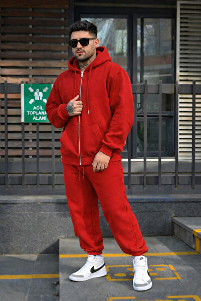 BayBayan Men's 3 Thread Thick Winter Basic Plain Cardigan Set