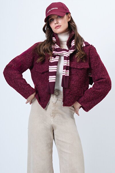 Trend Alaçatı Stili Women's Bordo Double Pocket Zipper Closure Boucle Jacket ...