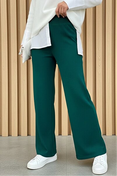 İmajButik Emerald Green High Waist Wide Leg Knitwear Trousers